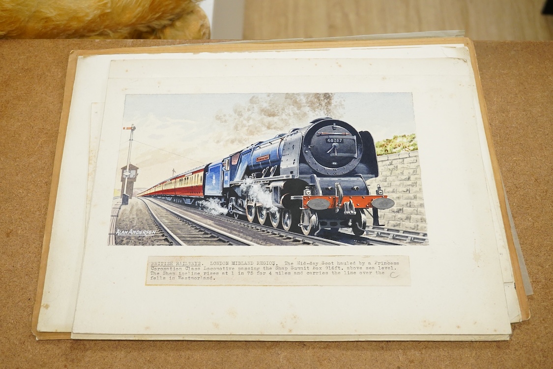 Alan Anderson, six original watercolours for postcard designs, Steam Trains to include ‘Scarborough Flyer’, ‘The Deron Belle’ and ‘Great Northern’, each signed, 26 x 37cm